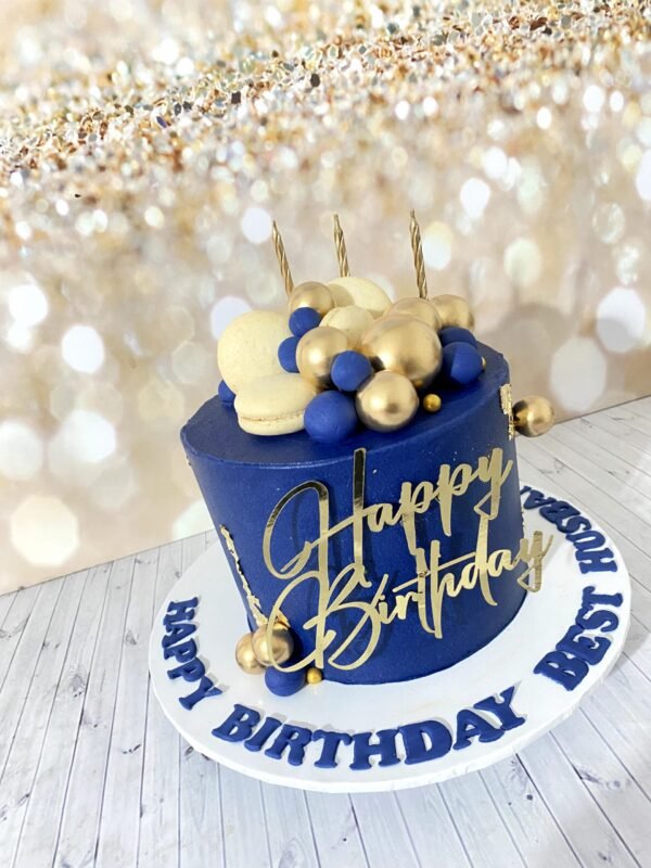 Blue & Gold Cake with Macarons & Faux Balls
