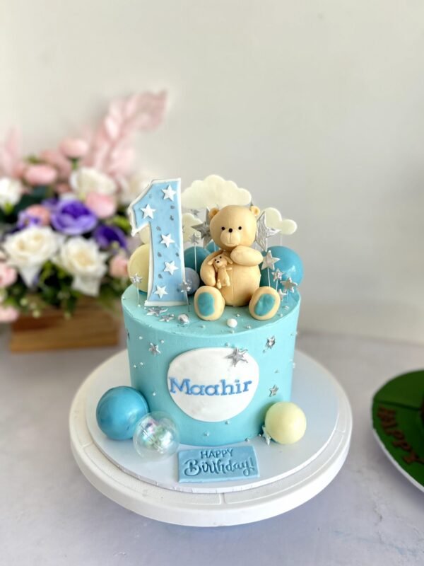 Simple Blue Teddy Theme Cake