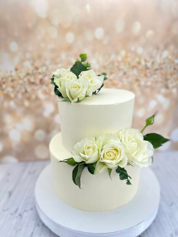 img_0180 White wedding cake with white fresh flowers